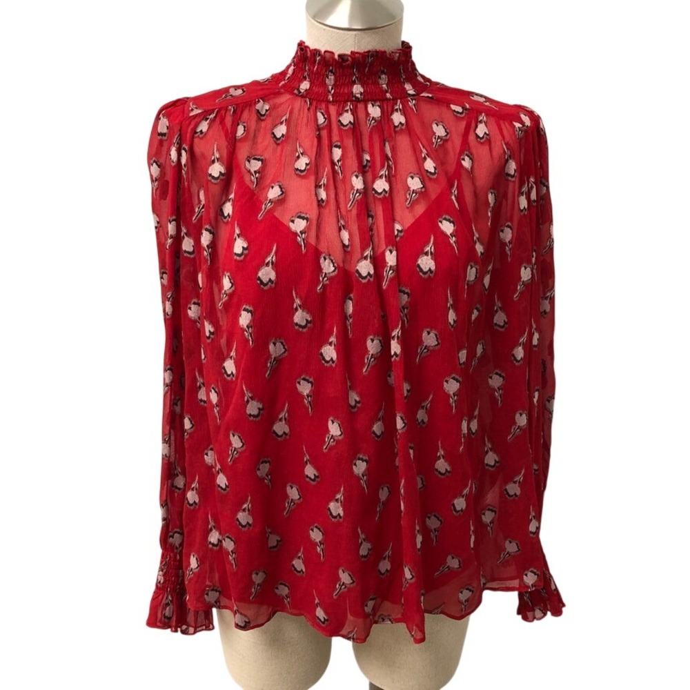 ba&sh Malawi Top Womens 8 Medium Red Silk Blend Floral Smocked Mock Neck